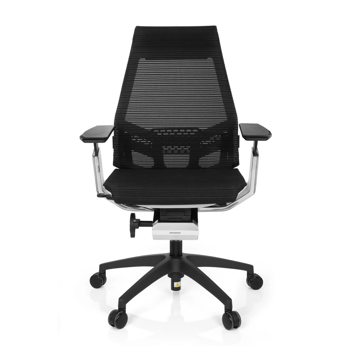 Sedia da ufficio professionale GENIDIA SMART WHITE CM nera con schienale in rete e base a cinque ruote di hjh OFFICE – vista a 360° (vista frontale 0°)