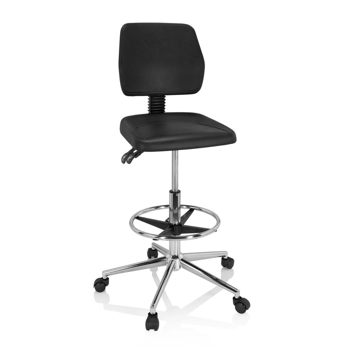 Sedia da banco nera TOP WORK 11 I con poggiapiedi e base a cinque ruote di hjh OFFICE – vista a 360° (vista frontale 20°)