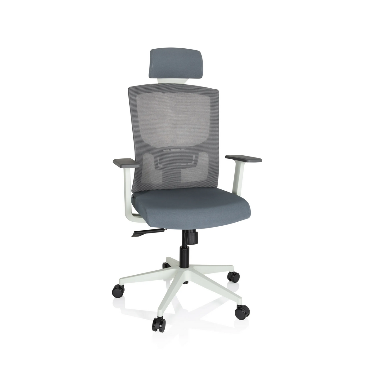 Sedia da ufficio professionale CAPTIVO BASE W grigia con schienale a rete, poggiatesta e base bianca di hjh OFFICE – vista a 360° (vista frontale 20°)