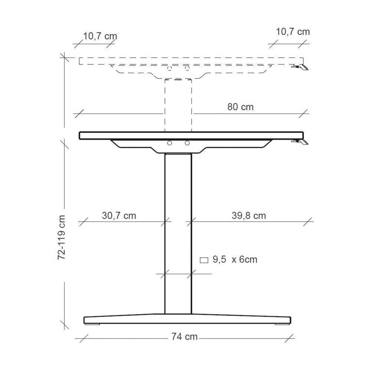 Disegno tecnico del tavolo scrivania regolabile elettricamente in altezza XMKA 19 S con profondità di 80 cm di hjh OFFICE PRO