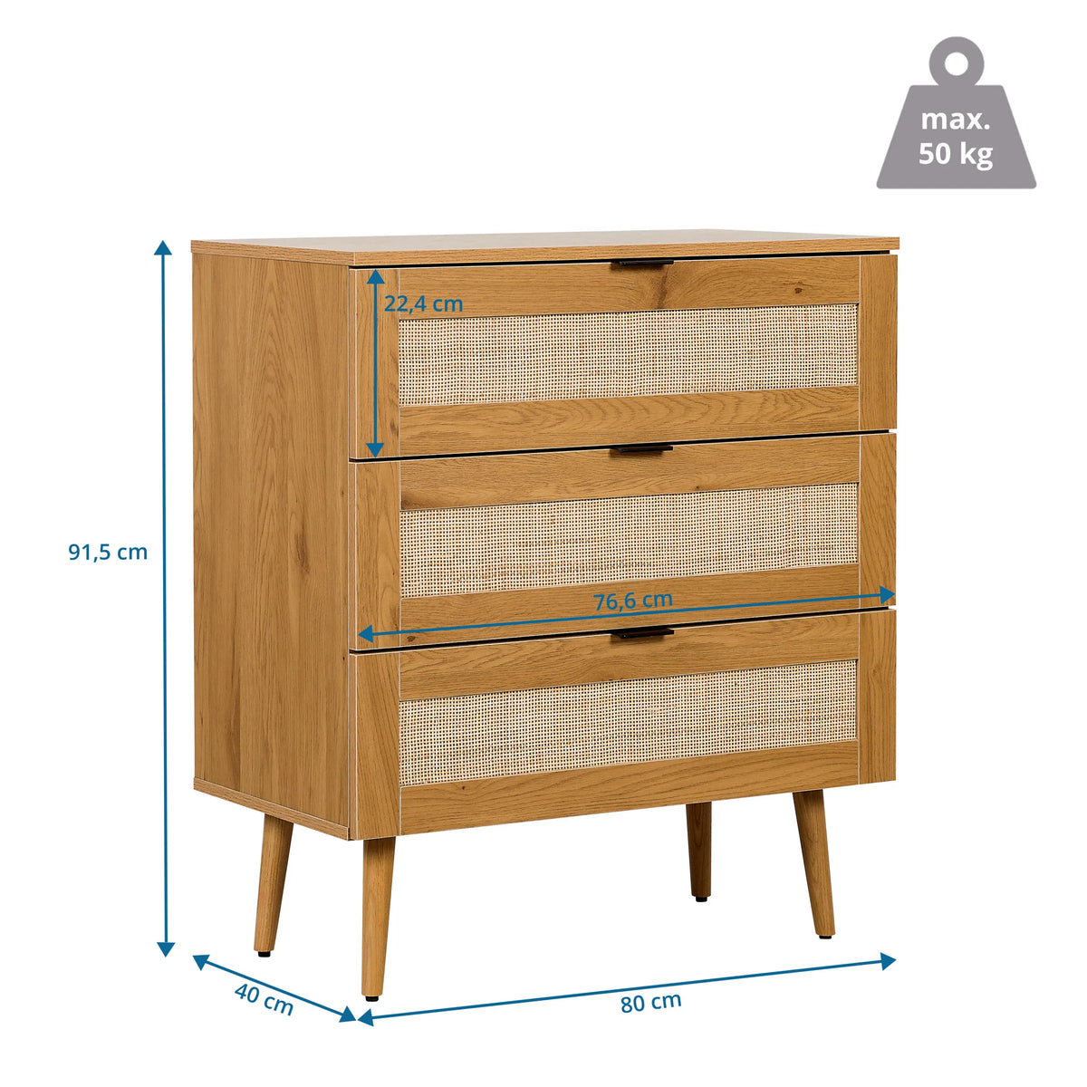 Disegno tecnico della Cassettiera BOHEO K di 80 × 40 cm con portata massima di 50 kg di hjh LIVING