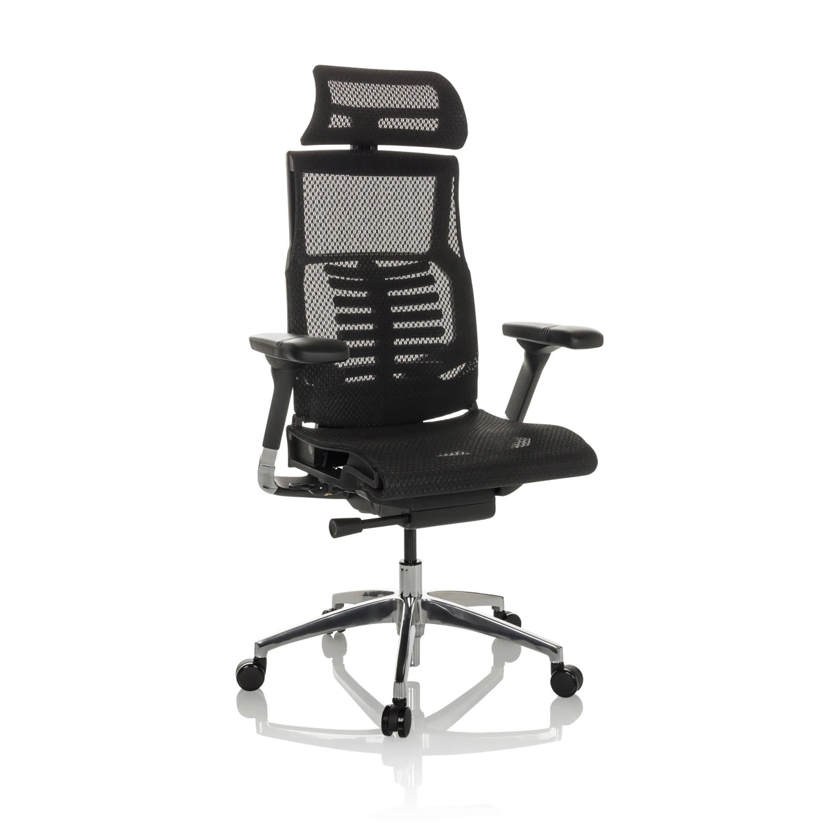 High-end Sedia da ufficio POFIT GEN2 nera con schienale in rete e base a cinque ruote di hjh OFFICE – vista a 360° (vista frontale a tre quarti 30°)