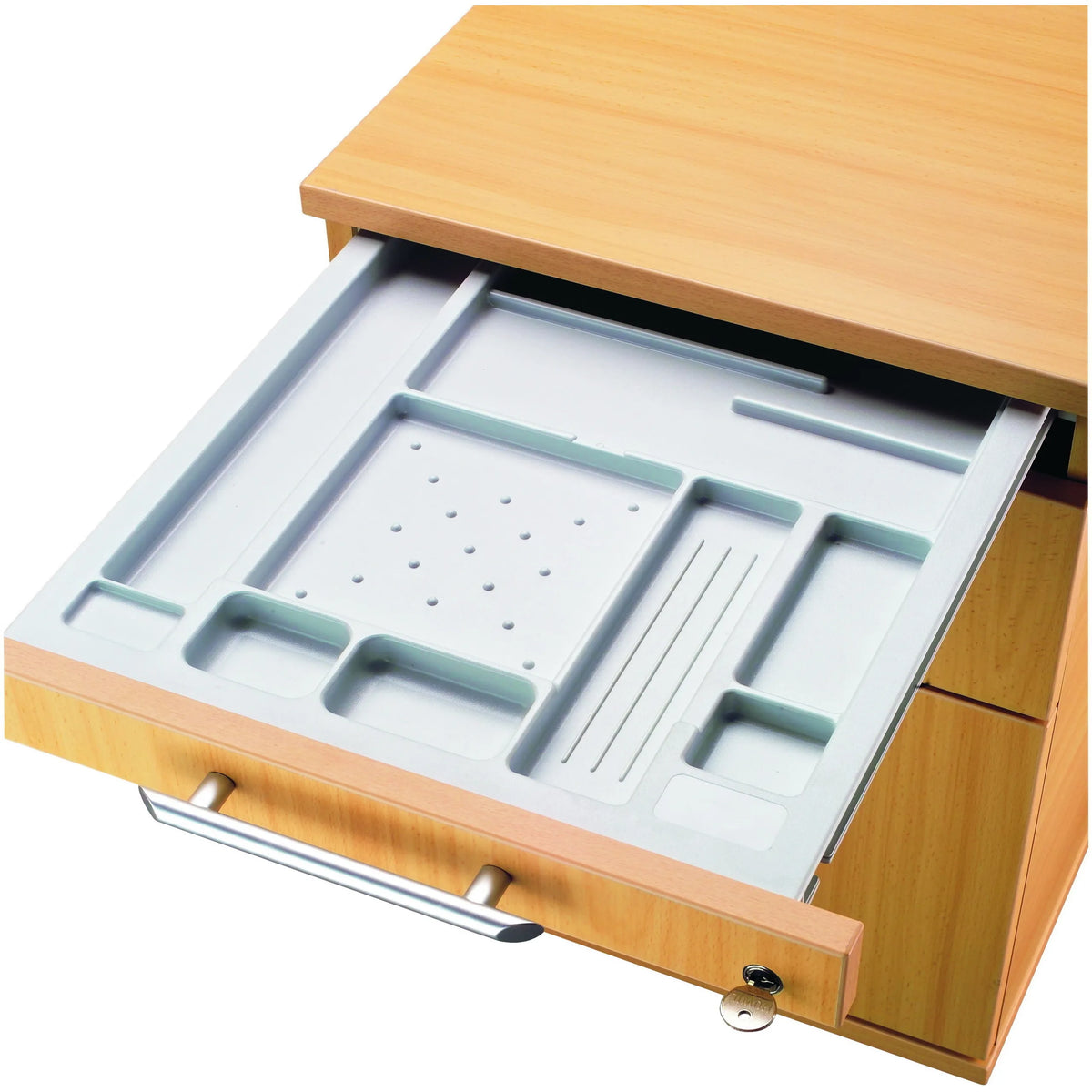 Cassetto aperto con divisore grigio della Cassettiera con rotelle SIGNA TC20 di hjh OFFICE PRO