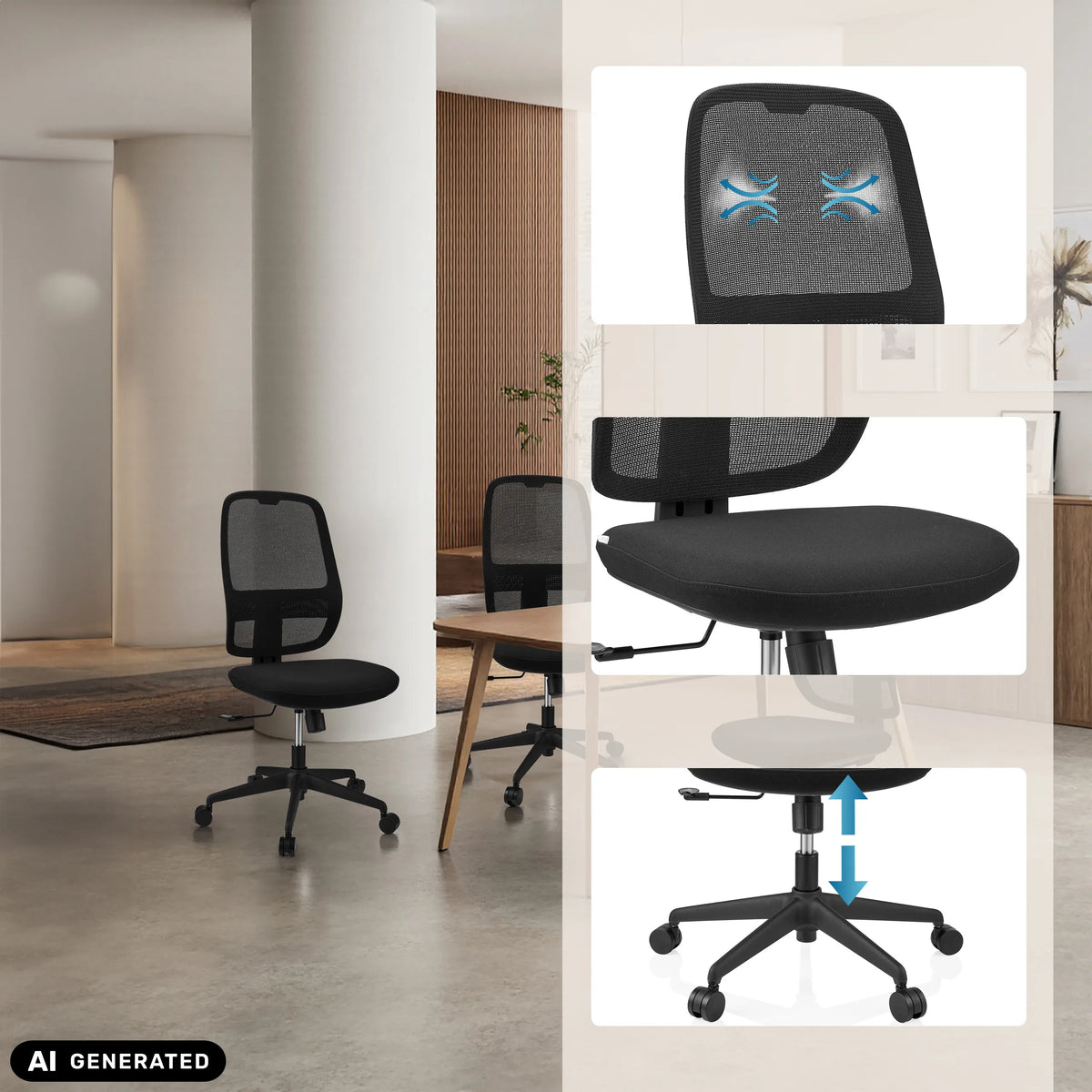 Sedia da ufficio professionale Minoro B in nero con schienale traspirante e pistone a gas di hjh OFFICE (immagine generata dall’IA)