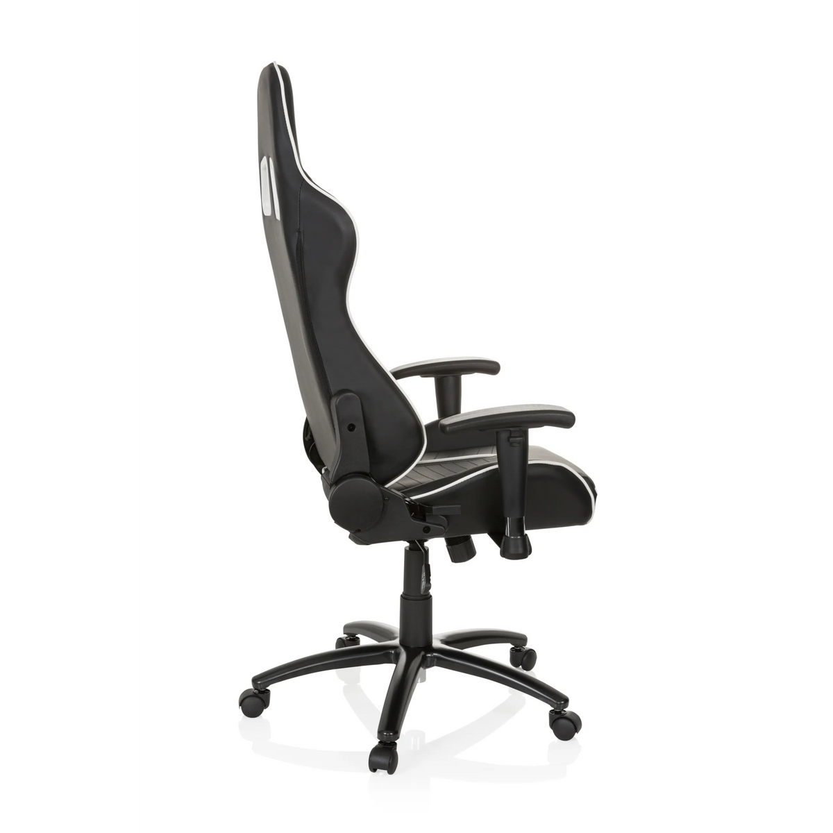 Sedia da gaming LEAGUE PRO bianca e nera con poggiatesta e base a cinque ruote di hjh OFFICE – vista a 360° (profilo laterale 100°)