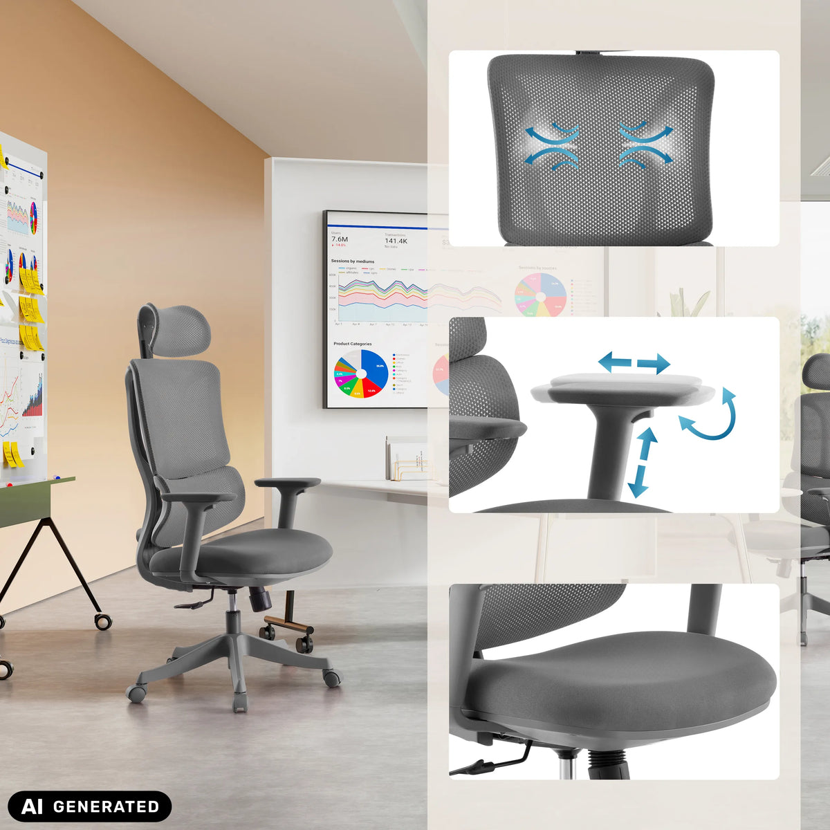 Sedia Home Office Ergomy Colore grigia con schienale in rete e meccanismo regolabile di MyBuero (immagine generata dall’IA)