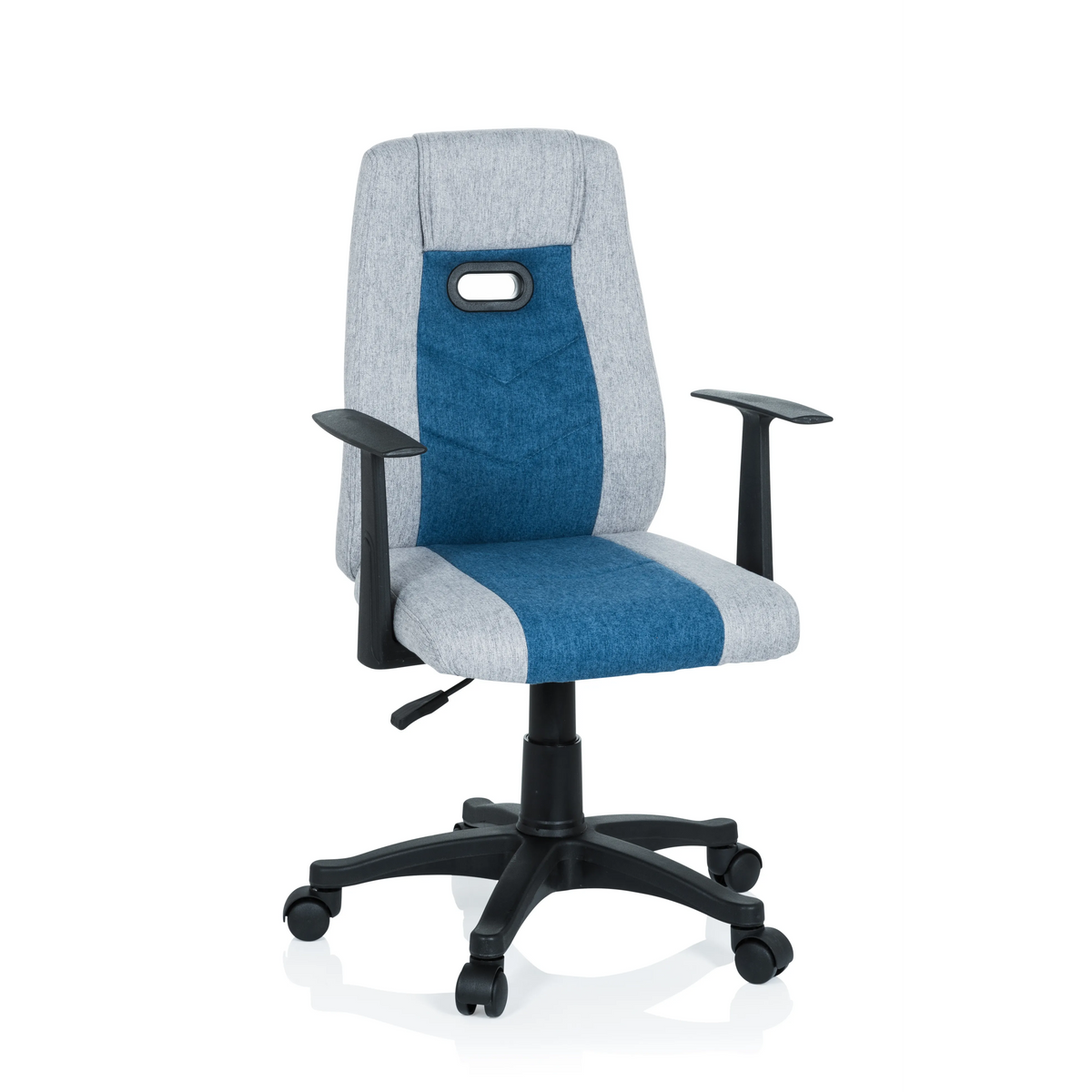 Grau-blauer Kinderdrehstuhl KIDDY EXTRA mit Armlehnen und Fußkreuz mit fünf Rollen von hjh OFFICE – 360-Grad-Ansicht (Frontansicht 20°)