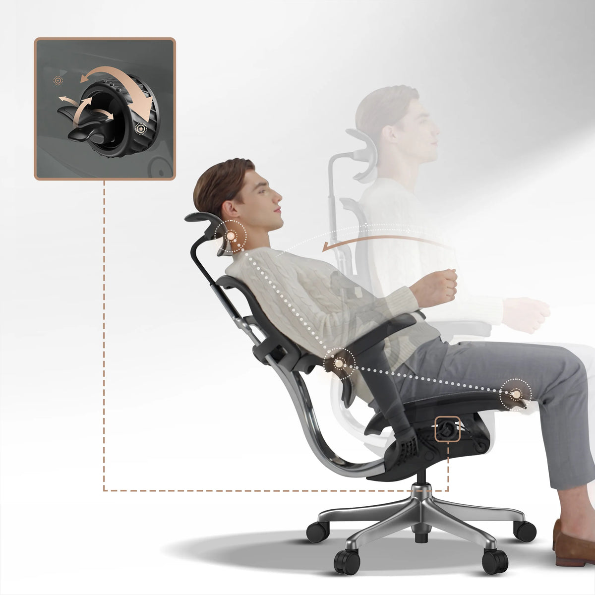 Meccanismo di regolazione e funzione di inclinazione della poltrona di lusso ERGOHUMAN SIGNATURE GEN2 in nero di hjh OFFICE