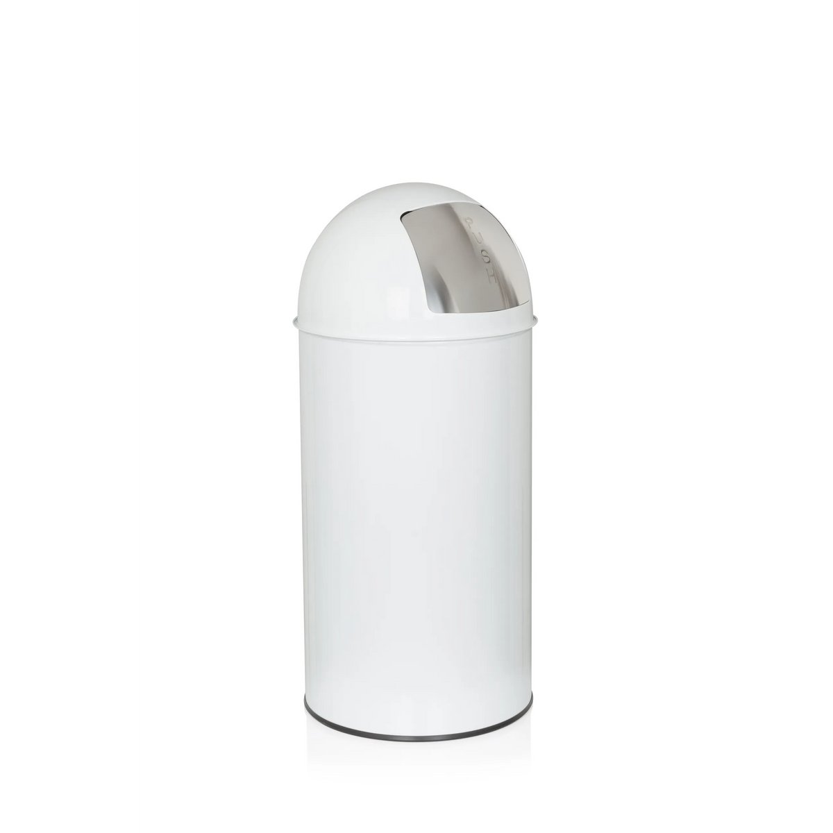 Cestino PUSH 35L bianco con parte superiore arrotondata e apertura d'inserimento argentata di hjh OFFICE – vista a 360° (vista posteriore a tre quarti 120°)