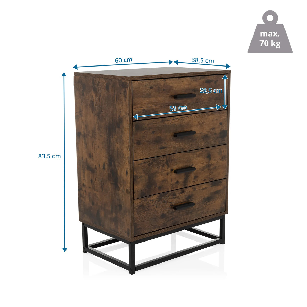 Disegno tecnico della Cassettiera VINSTRA con 60 × 83,5 cm e un carico massimo di 70 kg di hjh LIVING