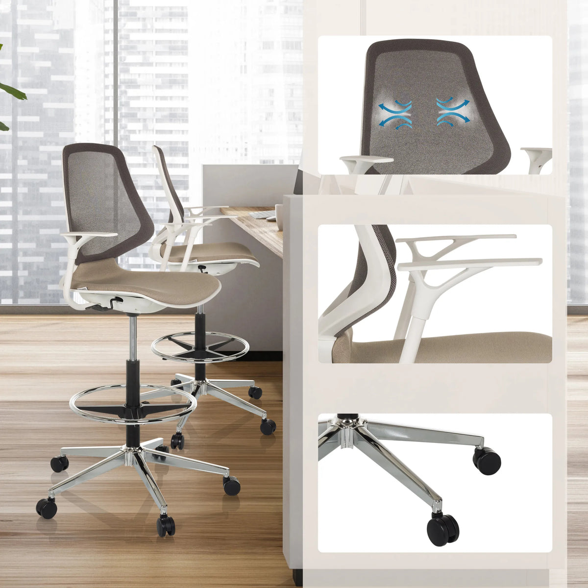 Sedia da banco TOP WORK STYLE in beige con schienale in rete, poggiapiedi e base cromata su ruote di hjh OFFICE