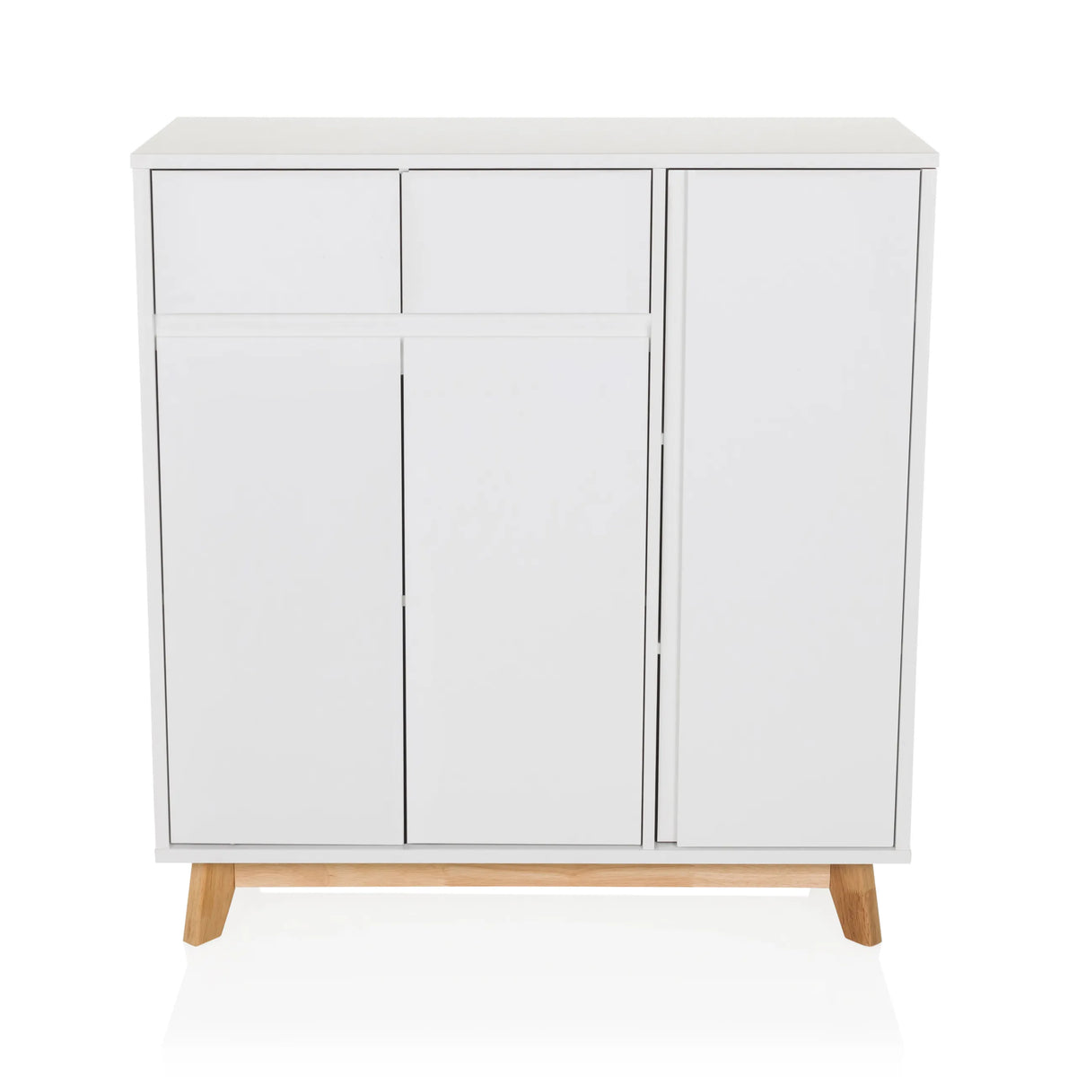 Cassettiera bianca ESTHA con due cassetti, tre ante e piedi in legno chiaro di hjh LIVING – vista a 360° (vista frontale 0°)