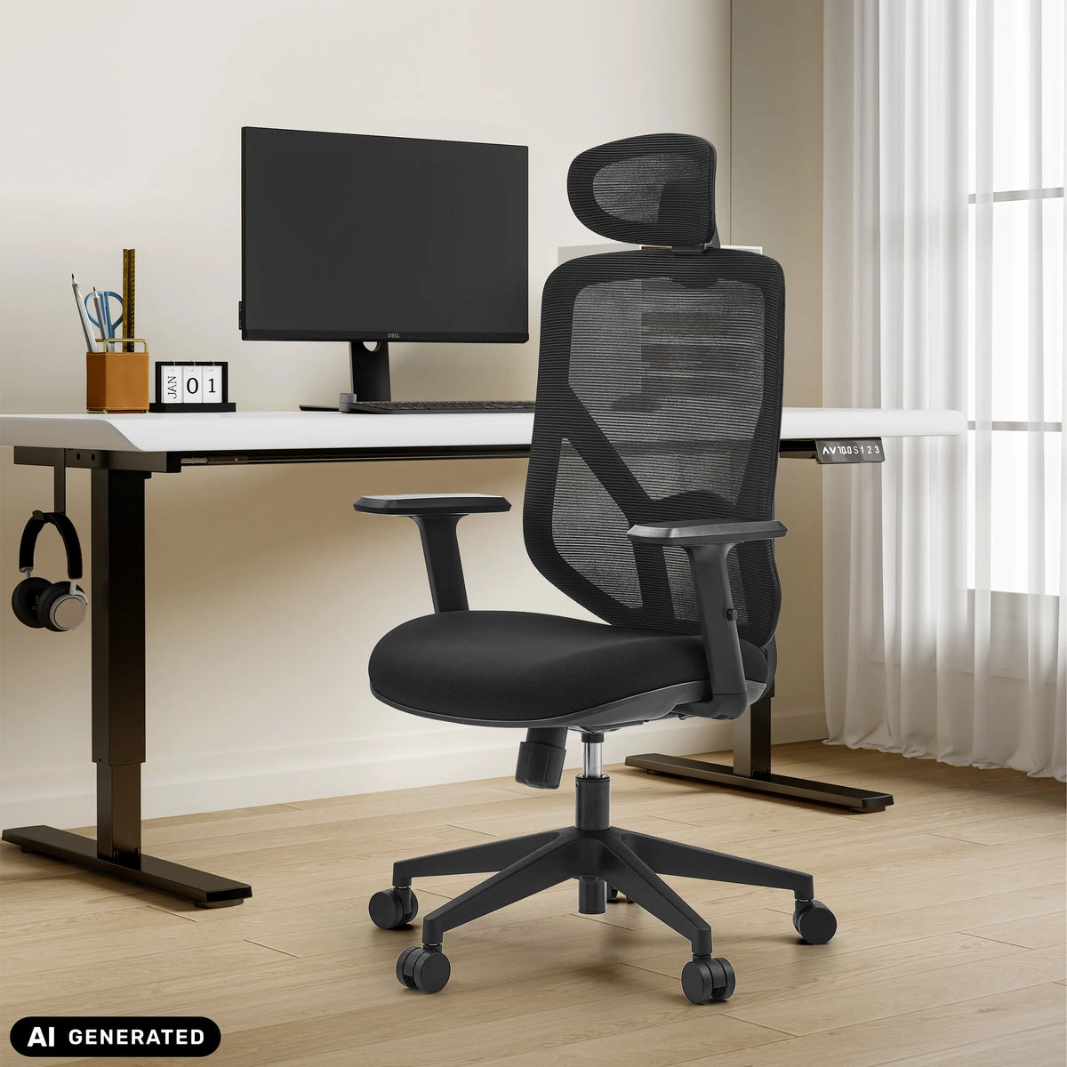 Sedia Home Office BLACORE nera con schienale in rete e poggiatesta di MyBuero (immagine generata dall’IA)