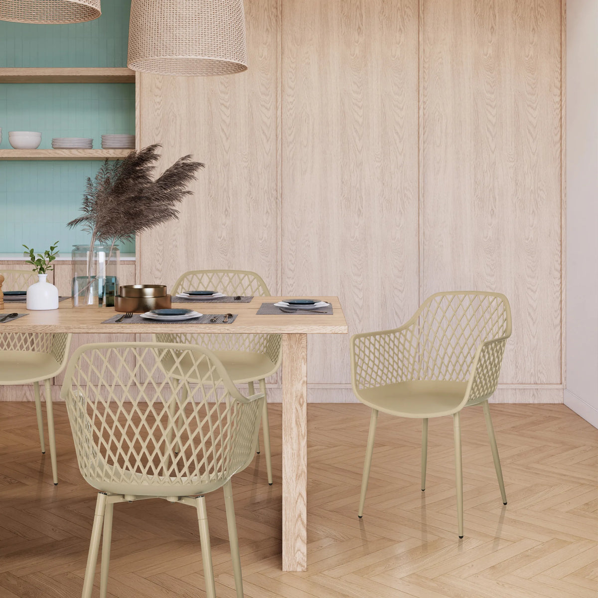 Sedia da esterno beige BEGIO L con schienale a rete e braccioli di hjh LIVING