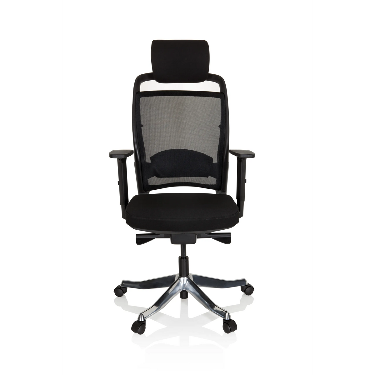 Sedia da ufficio professionale IKAST I nera con schienale in rete e base lucida a cinque ruote di hjh OFFICE – vista a 360° (vista frontale 0°)