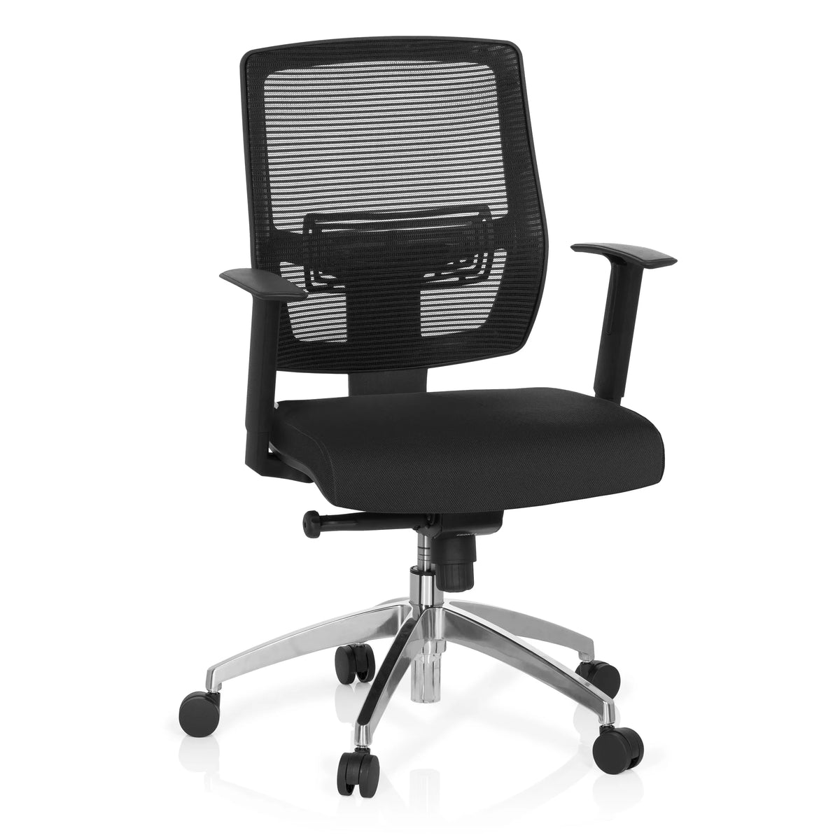 Sedia da ufficio professionale NET 90 nera con schienale in rete e base a cinque ruote di hjh OFFICE – vista a 360° (vista frontale 20°)