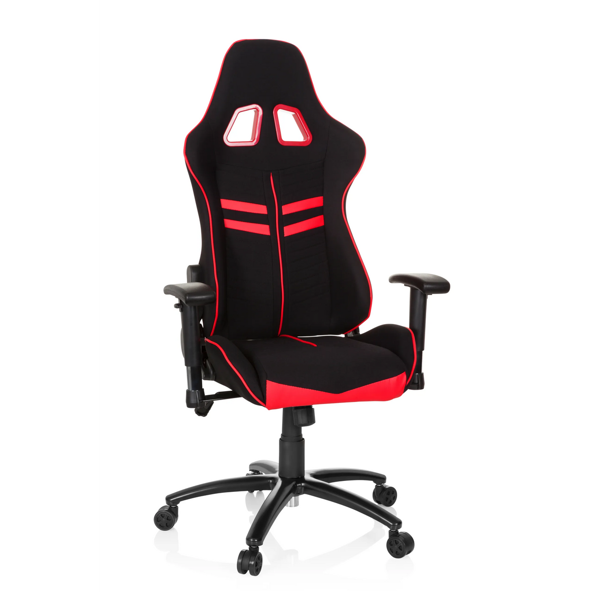 Sedia da gaming LEAGUE PRO I nero-rossa con due aperture per il poggiatesta e base a cinque ruote di hjh OFFICE – vista a 360° (vista frontale 20°)