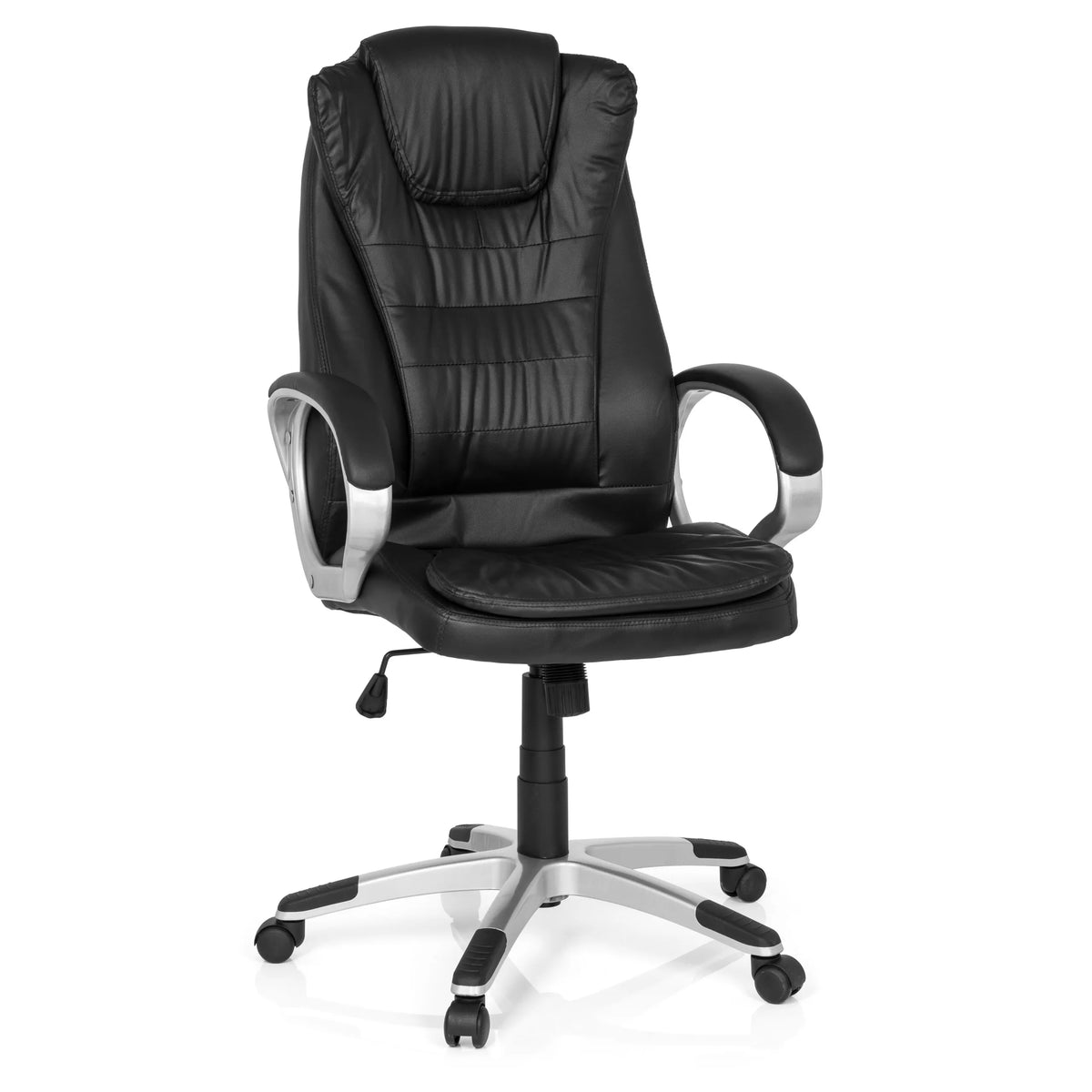 Sedia da gaming RELAX WB100 nera con schienale imbottito e base a cinque ruote di MyBuero – vista a 360° (vista frontale 20°)