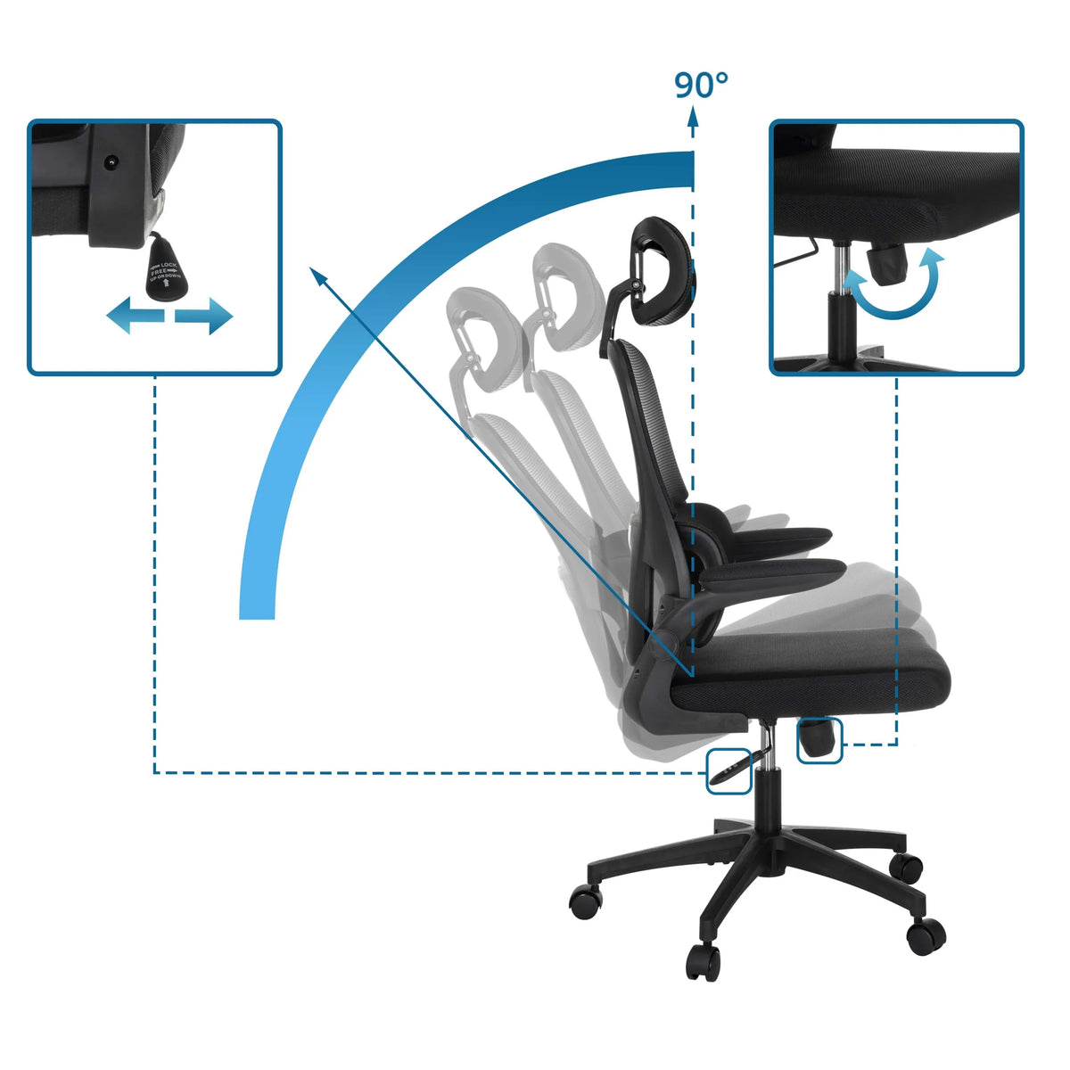 Schienale regolabile con angolo di inclinazione di 90 gradi della Sedia Home Office ERGOMY FLEX di MyBuero
