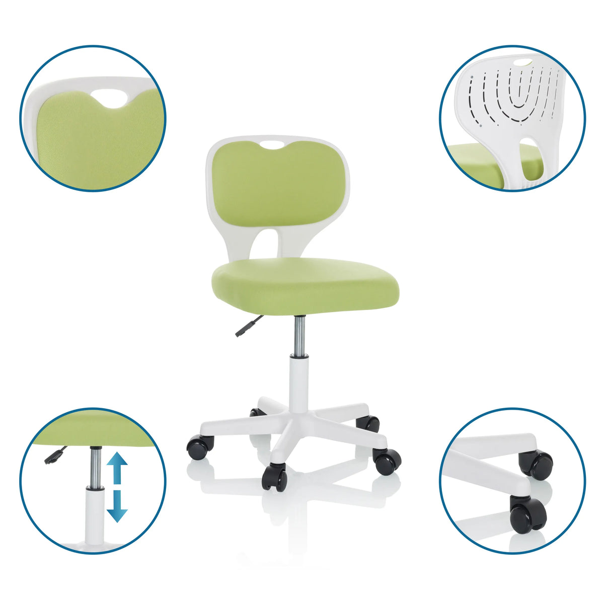 Sedia girevole per bambini KIDDY TOP W verde con seduta regolabile in altezza e rotelle di hjh OFFICE