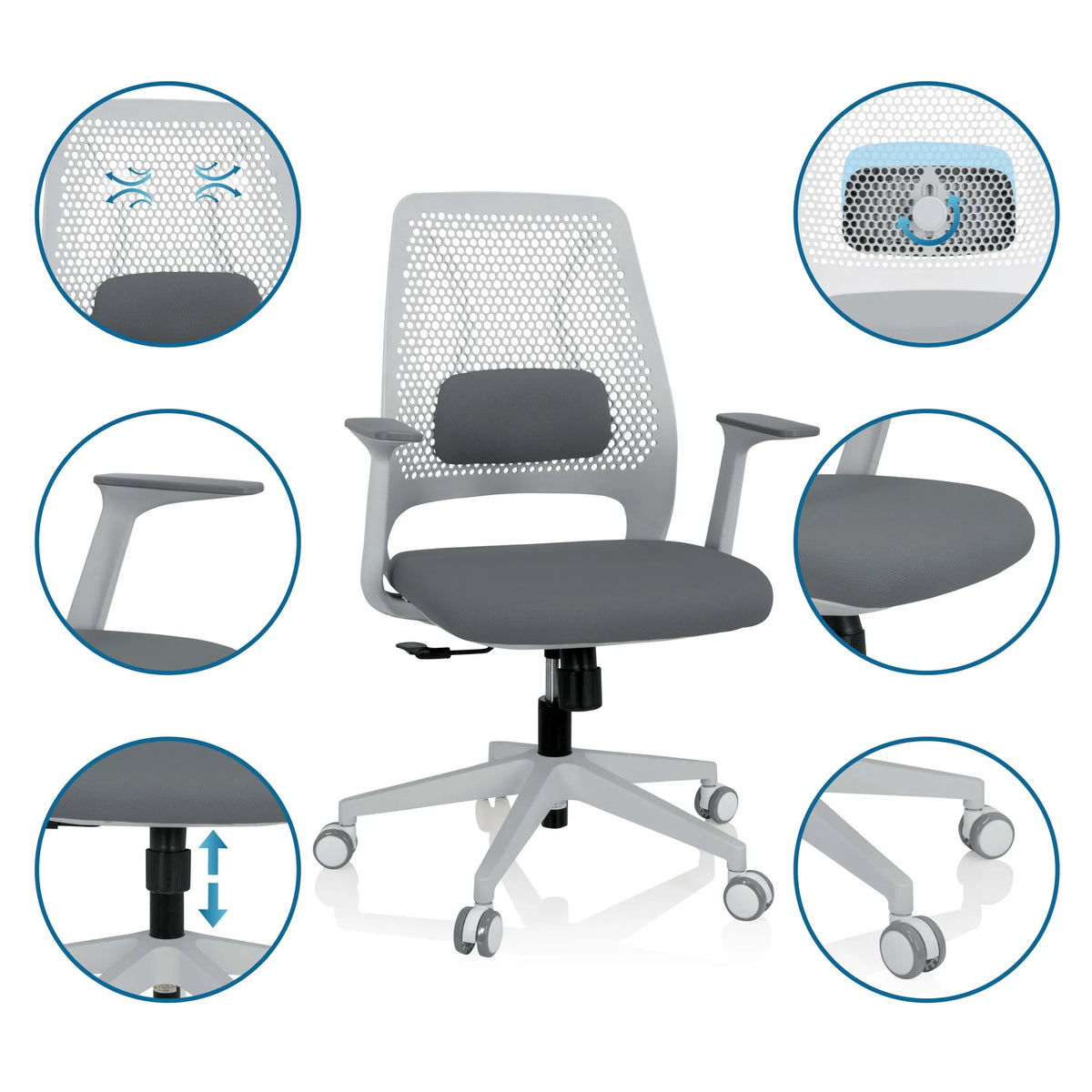 Sedia Home Office PARFERIO W grigia con schienale in rete, braccioli e rotelle di hjh OFFICE