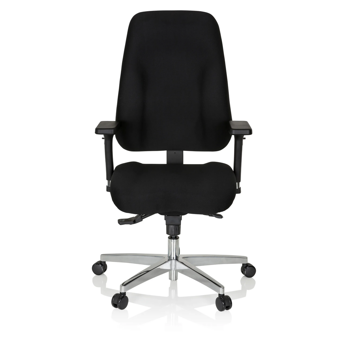 Sedia da ufficio professionale ZENIT COMFORT nera con braccioli e base a cinque ruote di hjh OFFICE – vista a 360° (vista frontale 0°)