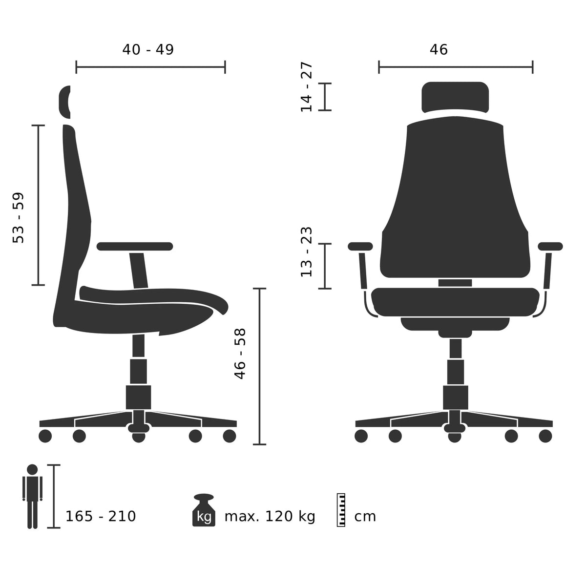 Disegno tecnico della Sedia da ufficio professionale PHOENIX PRO I con una portata massima di 120 kg di hjh OFFICE