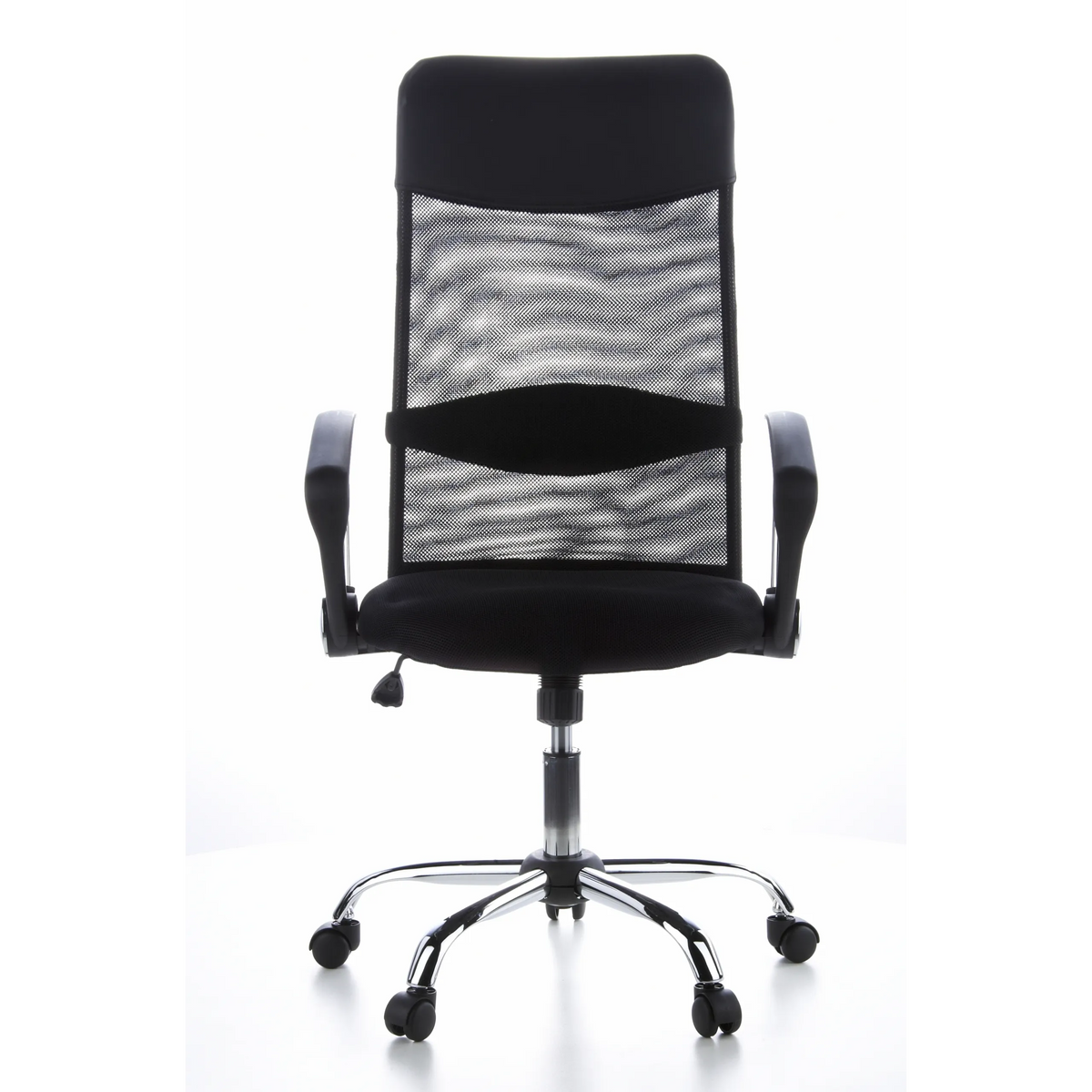 Poltrona Home Office ARIA HIGH nera con schienale in rete e base a cinque ruote di hjh OFFICE – vista a 360° (vista frontale 0°)