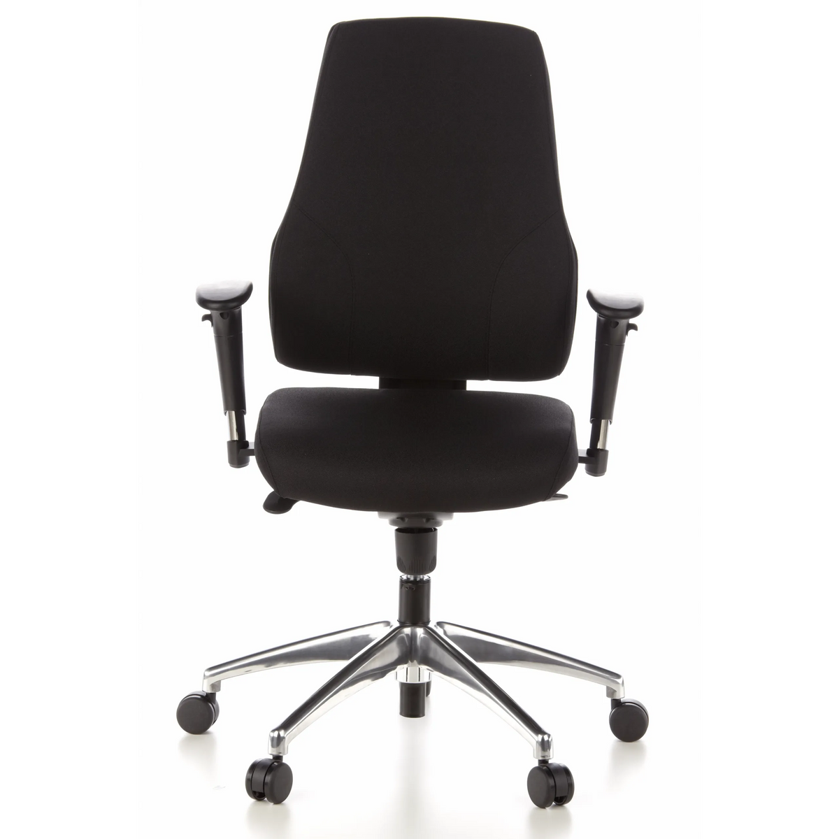 Sedia da ufficio professionale PRO-TEC 200 nera con braccioli e base a cinque ruote di hjh OFFICE – vista a 360° (vista frontale 0°)