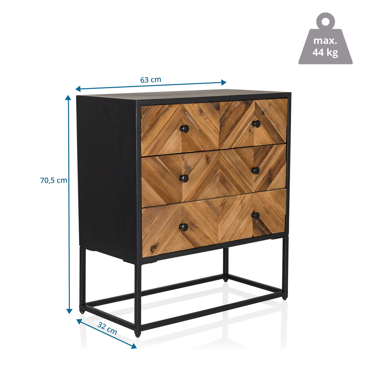 Vista dimensionale della madia SANTJAGO BLACK SUN L con 63 × 32 cm e un'altezza di 70,5 cm di hjh LIVING