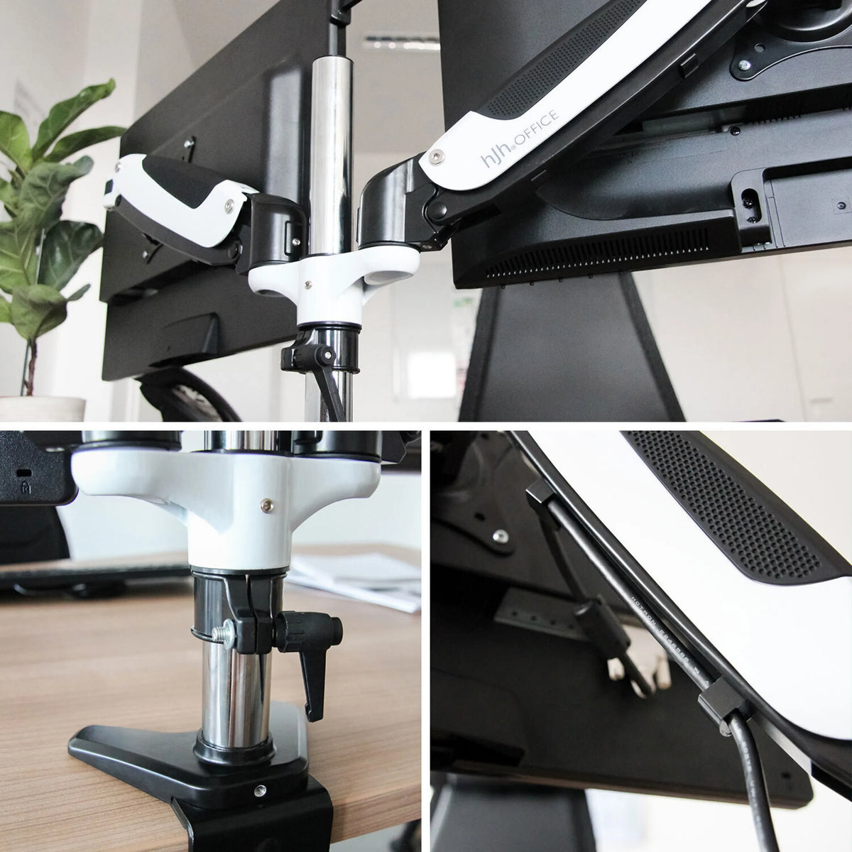 Braccio regolabile e gestione dei cavi del supporto per monitor VM-MG2S in bianco-nero di hjh OFFICE