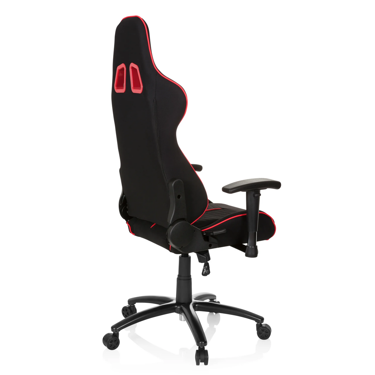 Sedia da gaming LEAGUE PRO I nero-rossa con due aperture per il poggiatesta e base a cinque ruote di hjh OFFICE – vista a 360° (vista posteriore a tre quarti 120°)