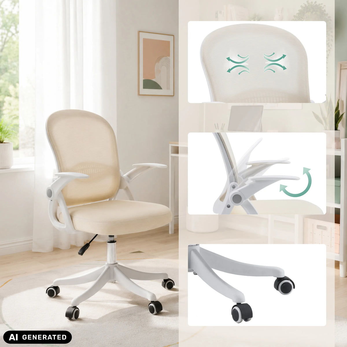 Sedia Home Office Naluro beige con schienale traspirante e base a rotelle di hjh OFFICE (immagine generata dall’IA)