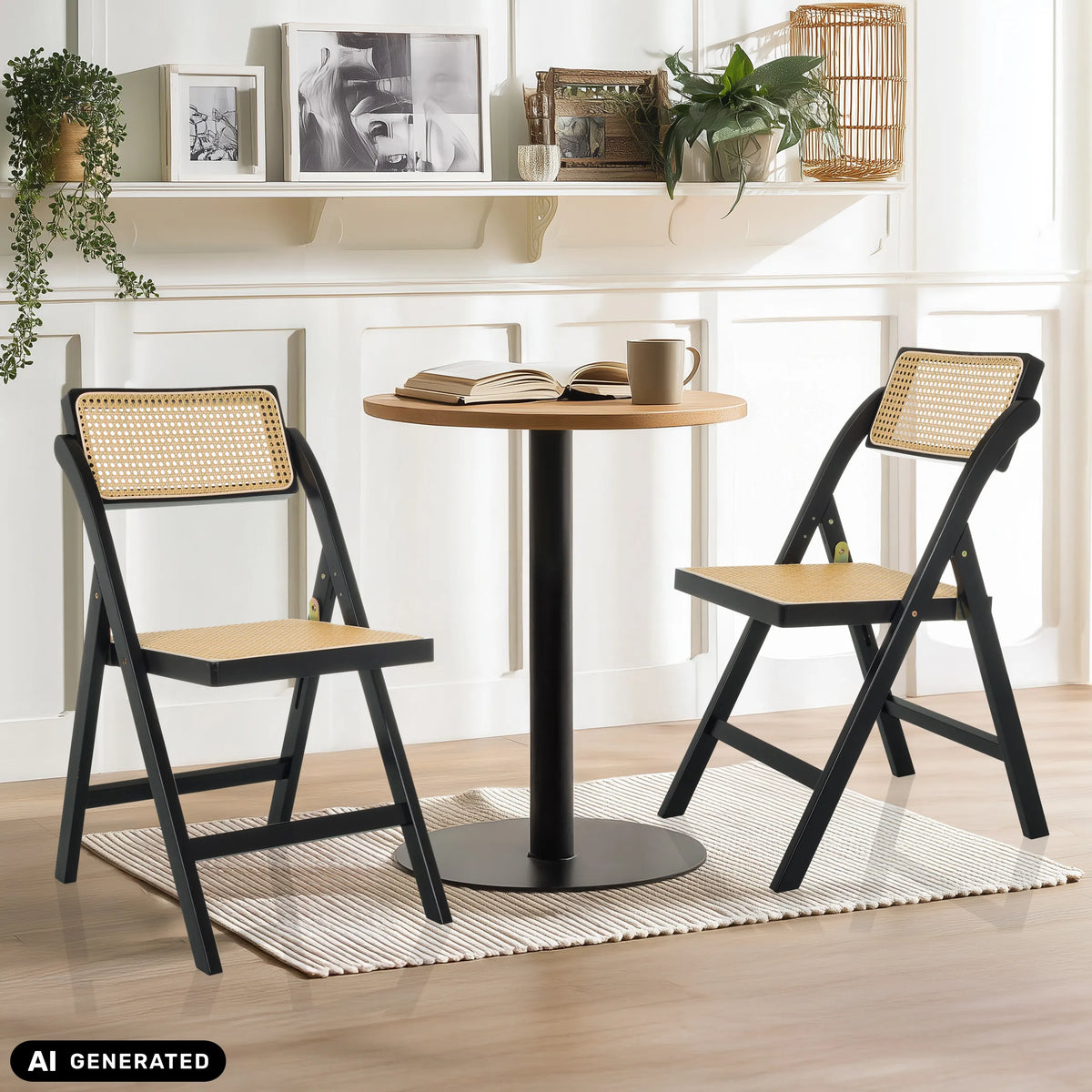 Due sedie pieghevoli TUDELA BAMBOO in nero e marrone con paglia di Vienna di hjh LIVING (immagine generata dall’IA)