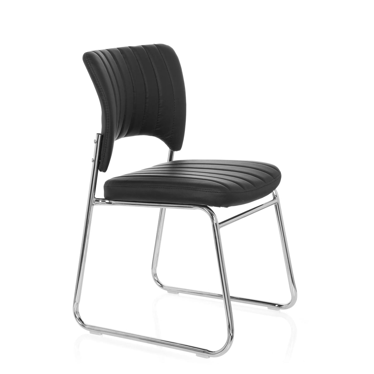 Sedia visitatore nera CASPI V con rivestimento trapuntato e struttura a slitta di hjh OFFICE – vista a 360° (vista frontale a tre quarti 60°)