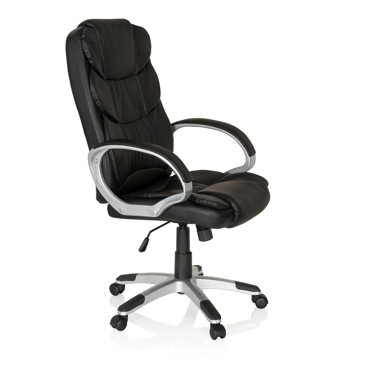 Poltrona Home Office RELAX BY155 nera con braccioli e base a cinque ruote di MyBuero – vista a 360° (vista frontale a tre quarti 60°)