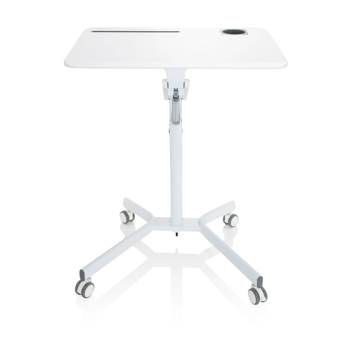 Scrivania in piedi bianca STAND VM-SU I con gamba regolabile in altezza e base a cinque ruote di hjh OFFICE – vista a 360° (vista frontale 0°)