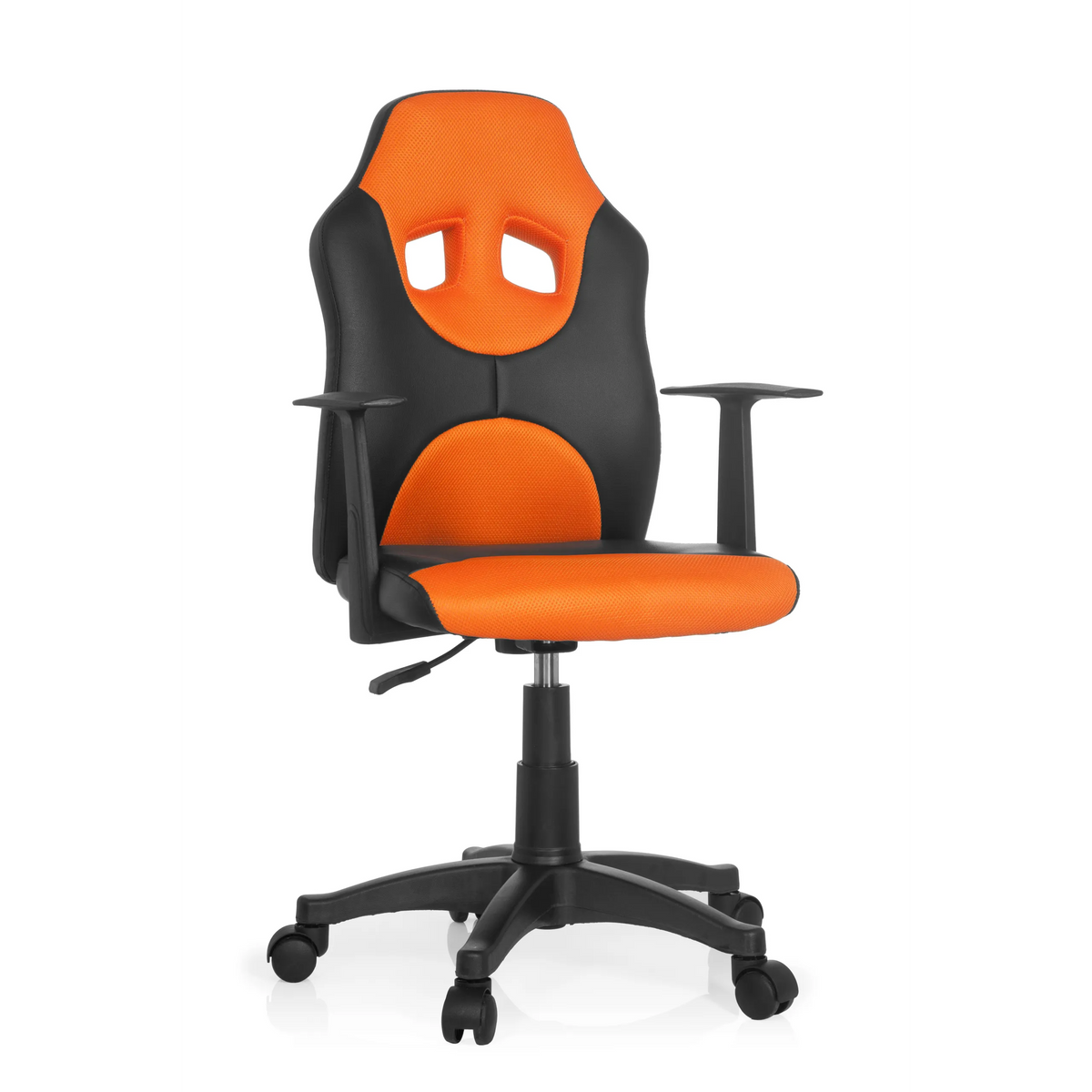 Sedia girevole per bambini KID GAME AL nero-arancione con schienale in rete e base a cinque ruote di hjh OFFICE – vista a 360° (vista frontale 20°)