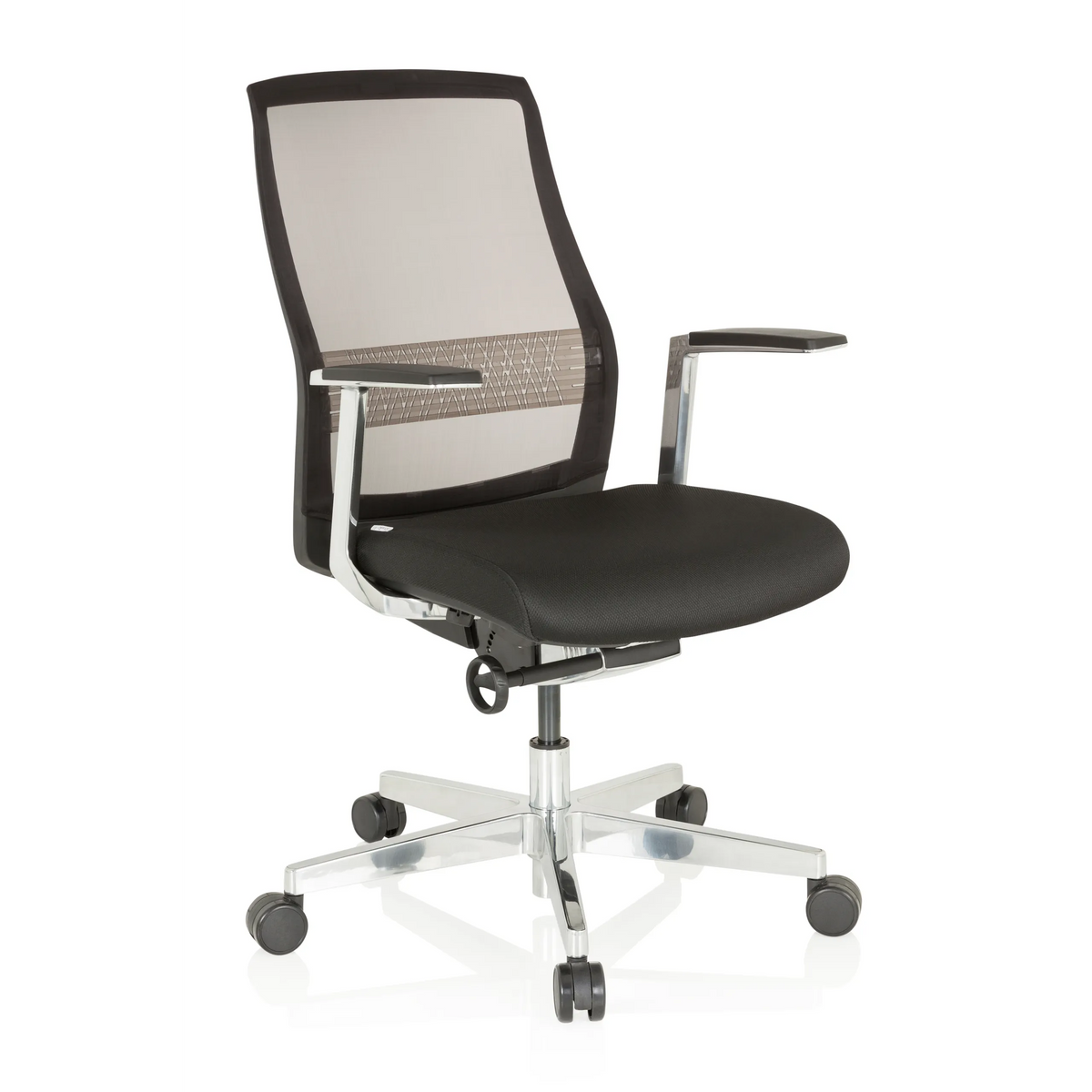 High-end Sedia da ufficio FOUNTAINE PRO nera con schienale in rete e base a cinque ruote di hjh OFFICE – vista a 360° (vista frontale a tre quarti 40°)