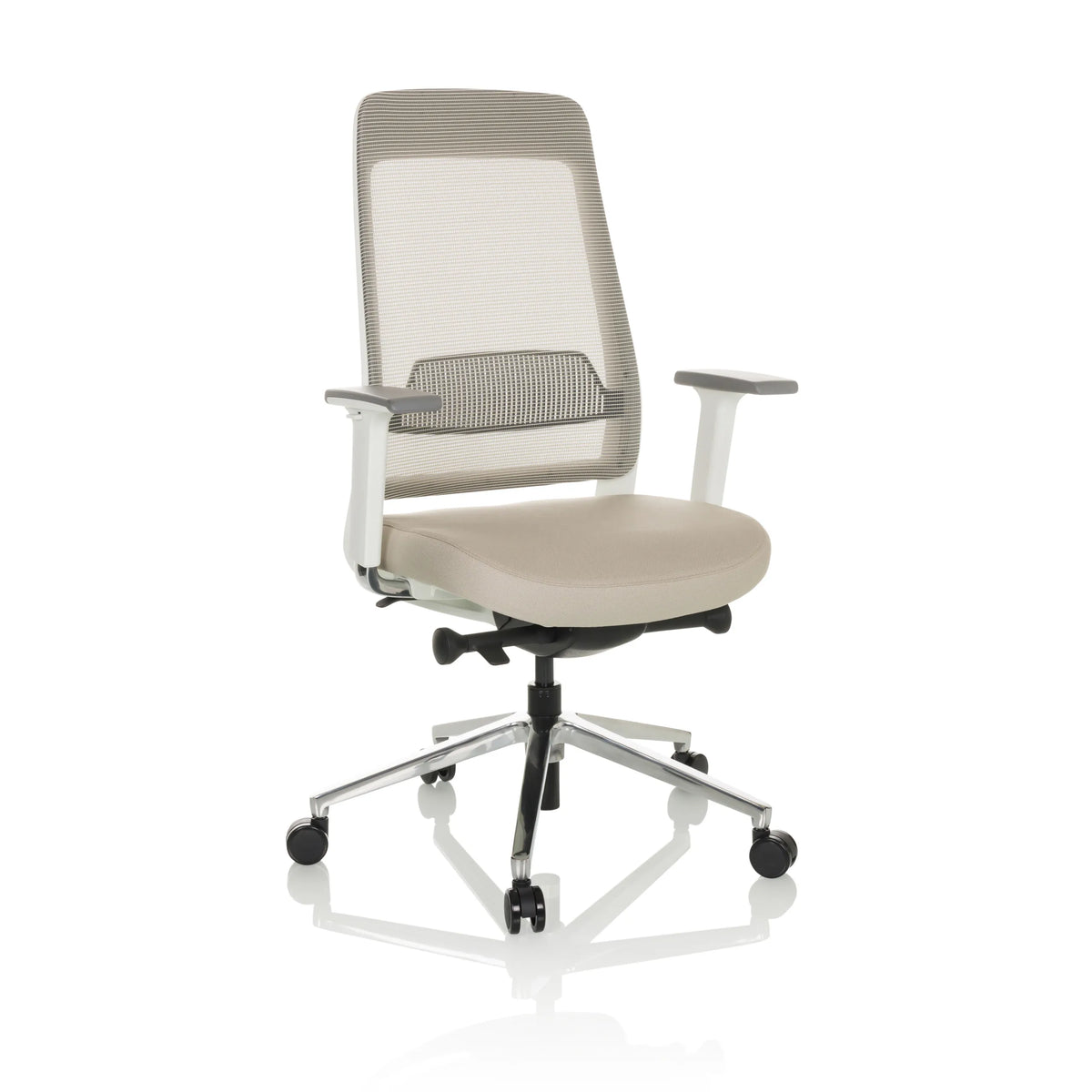 Sedia da ufficio professionale CHIARO T2 WHITE beige con schienale in rete e base argento a cinque ruote di hjh OFFICE – vista a 360° (vista frontale a tre quarti 30°)