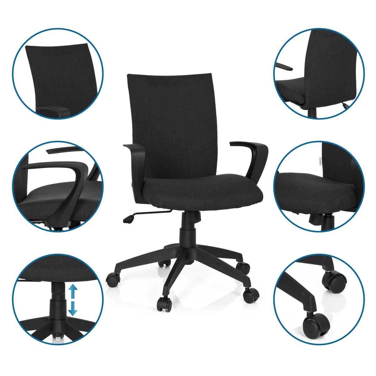 Sedia Home Office SOFT in nero con viste dettagliate del bracciolo, del pistone a gas e delle rotelle di hjh OFFICE