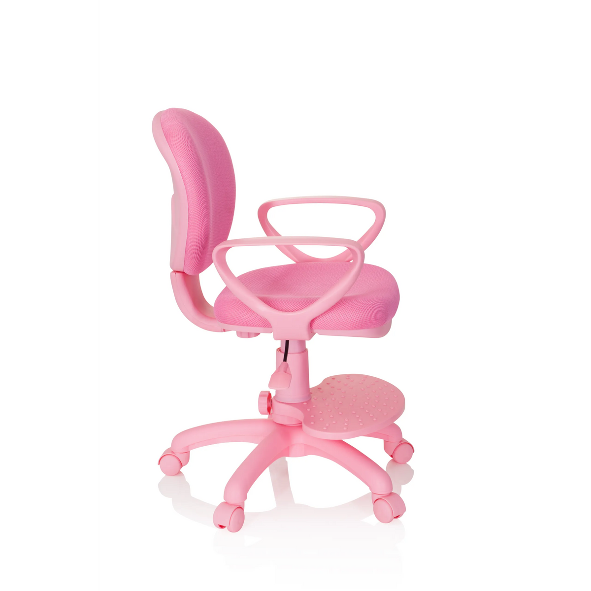 Sedia girevole per bambini KID COLOUR rosa con braccioli e base a cinque ruote di hjh OFFICE – vista a 360° (profilo laterale 80°)