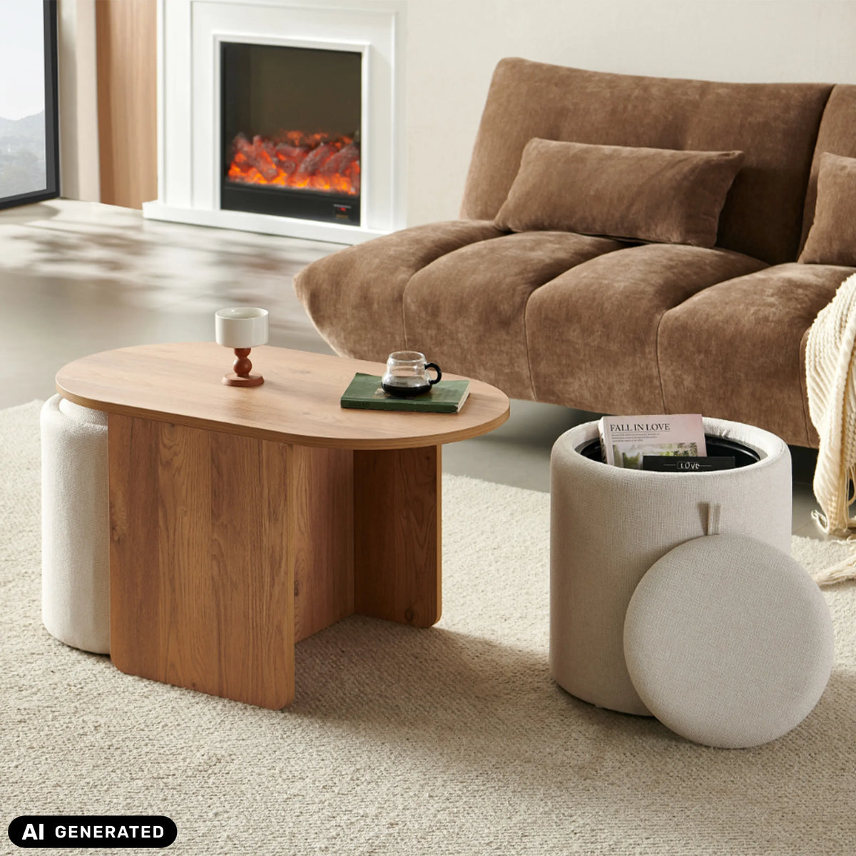 Tavolino Nestup effetto noce con elemento imbottito bianco di hjh LIVING (immagine generata dall’IA)