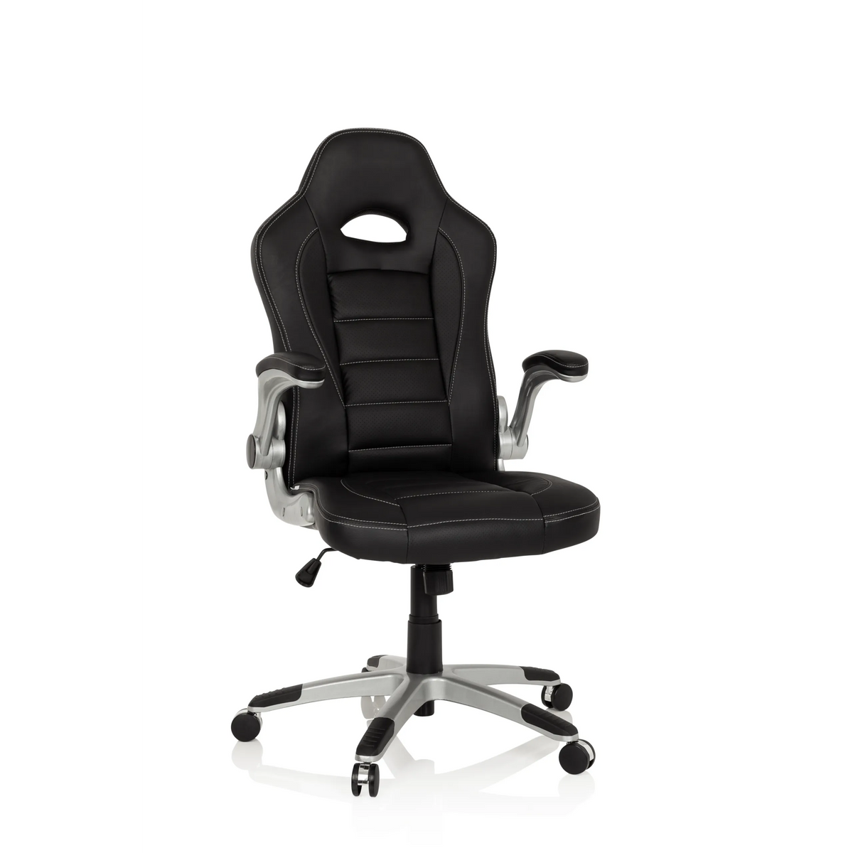 Sedia da gaming nera GAME SPORT con poggiatesta, braccioli e base argentata a cinque ruote di hjh OFFICE – vista a 360° (vista frontale 10°)