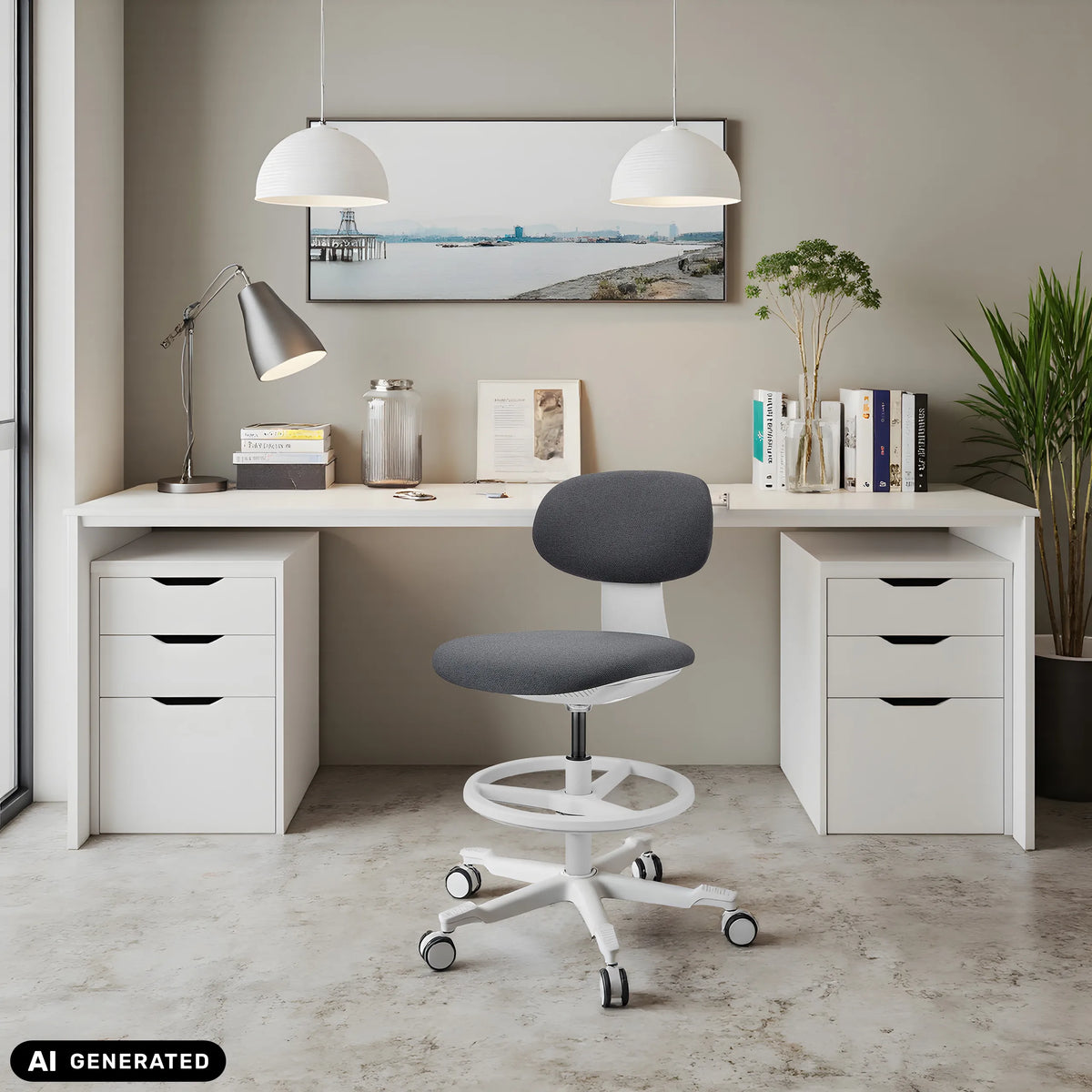 Sedia da lavoro WORK MF2 W in grigio scuro davanti a una scrivania bianca di hjh OFFICE (immagine generata dall’IA)