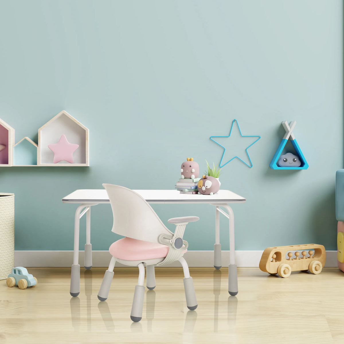 Sedia per bambini KID GRO SET in rosa con una scrivania bianca in una cameretta di hjh OFFICE
