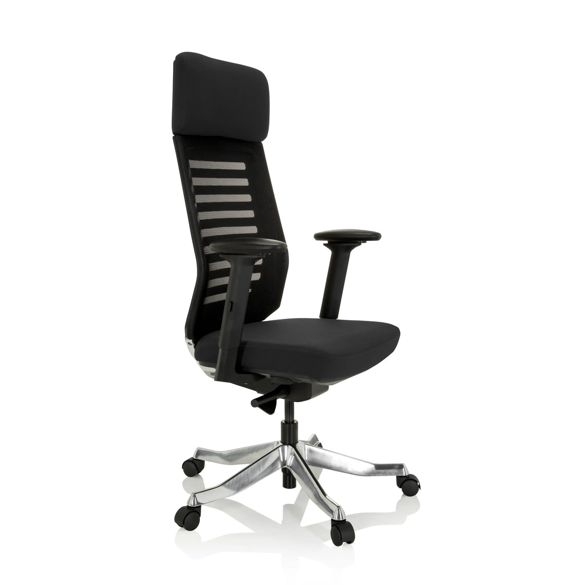 Schwarzer Profi-Bürostuhl ASGON mit Netzrücken und Fußkreuz mit fünf Rollen von hjh OFFICE – 360-Grad-Ansicht (schräge Frontansicht 60°)