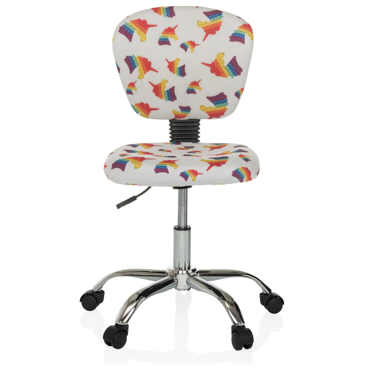 Sedia girevole per bambini KID BUBBLE con motivo arcobaleno colorato e base a cinque ruote di hjh OFFICE – vista a 360° (vista frontale 0°)