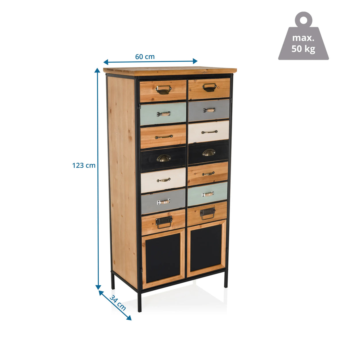 Vista dimensionale della Cassettiera CONTINENTO HIGH con 123 × 60 cm e una portata di 50 kg di hjh LIVING