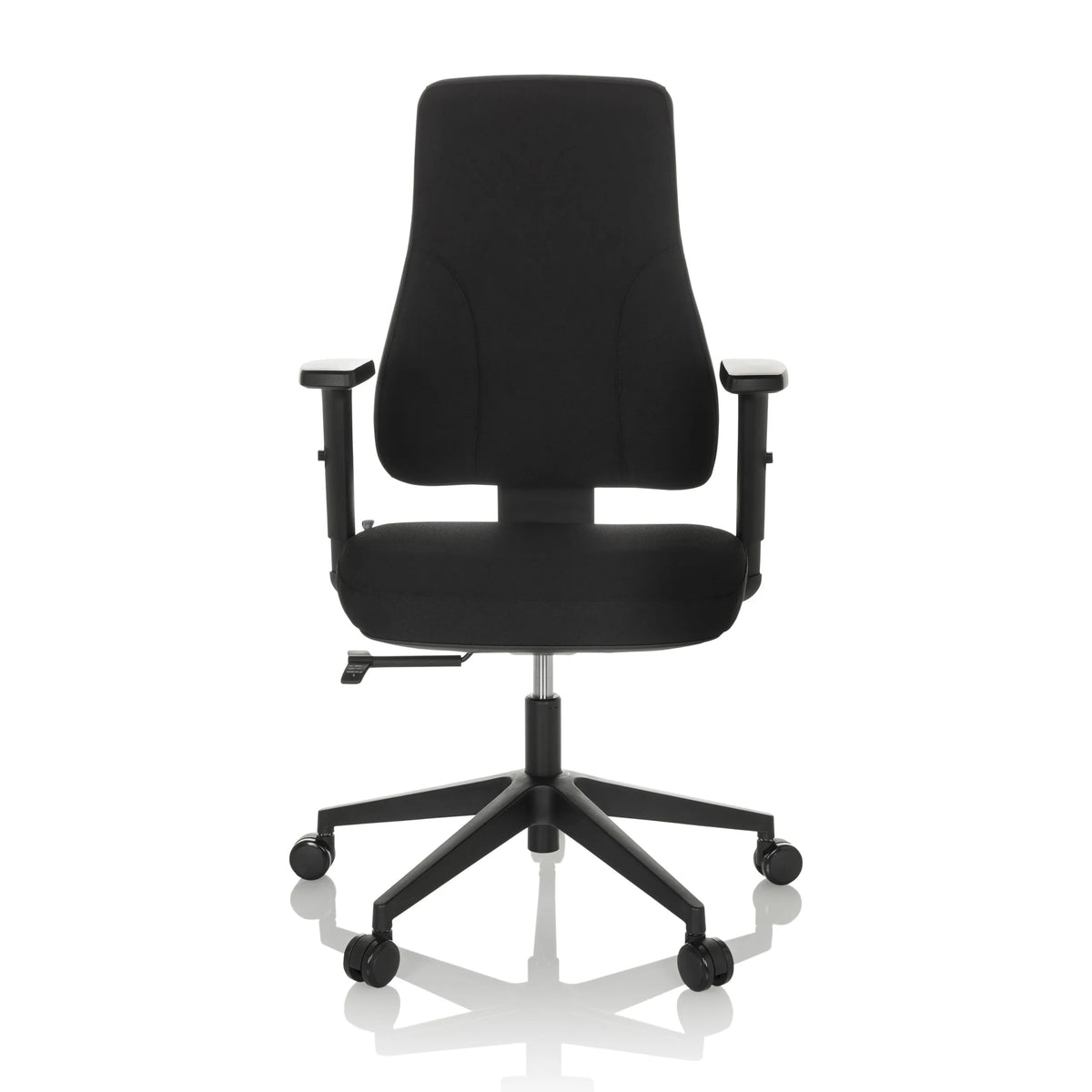 Sedia da ufficio professionale MATHES nera con braccioli e base a cinque ruote di hjh OFFICE – vista a 360° (vista frontale 0°)